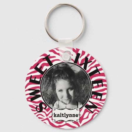 Sweet Sixteen Pink Zebra With Photo And Name Keychain
