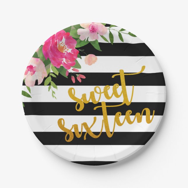Sweet Sixteen Plate - Floral with Black & White (Front)