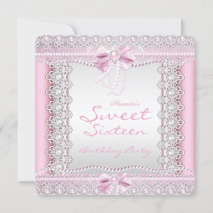Sweet Sixteen Pretty Pink White Pearls Lace Bow Invitation