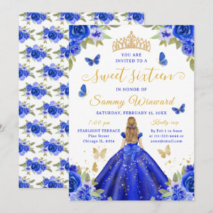 Sweet Sixteen Princess Blue Floral Gold Tiara Invitation