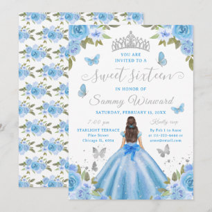 Sweet Sixteen Princess Blue Floral Silver Tiara Invitation