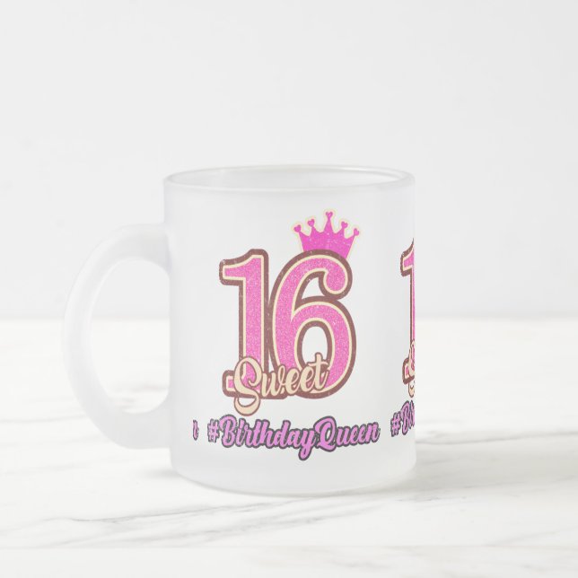 Sweet Sixteen Princess Crown, 16th Birthday Queen Frosted Glass Coffee Mug (Left)