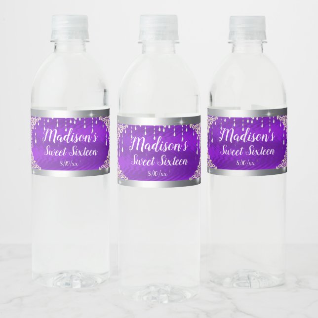 Sweet Sixteen Purple and Silver Satin, Diamonds Water Bottle Label (Bottles)