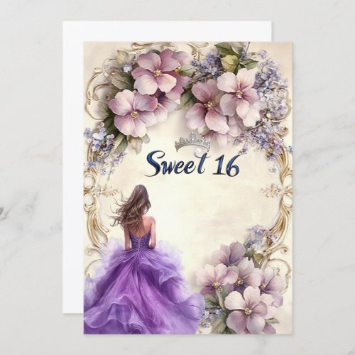 Sweet Sixteen Purple Dress Pink Floral Invitation