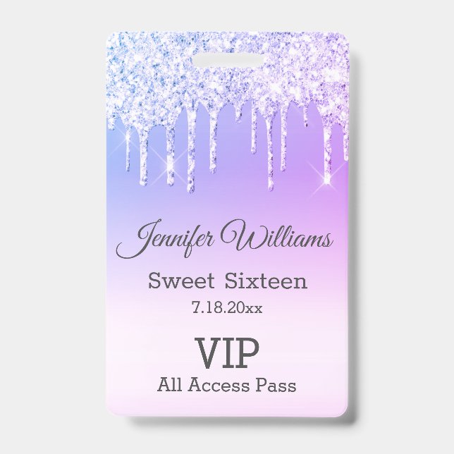 sweet sixteen purple dripping glitters vip pass badge (Front)