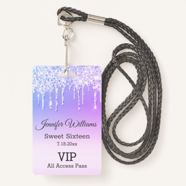 sweet sixteen purple dripping glitters vip pass badge (Front with Lanyard)