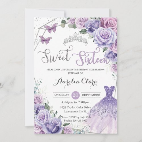 Sweet Sixteen Purple Floral 16th Birthday Dress Invitation