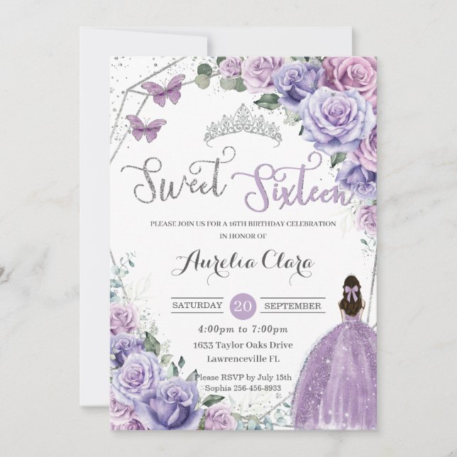 Sweet Sixteen Purple Floral Princess 16th Birthday Invitation (Front)