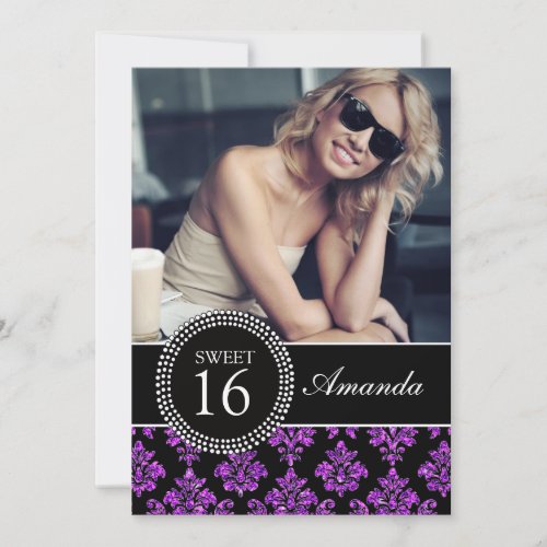 SWEET SIXTEEN, PURPLE GLITTER,  BLACK DAMASK PERSONALIZED INVITATION