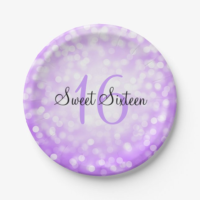 Sweet Sixteen Purple Glitter Lights Paper Plates (Front)