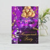 Sweet Sixteen Purple Gold Black Masquerade Party Invitation (Standing Front)