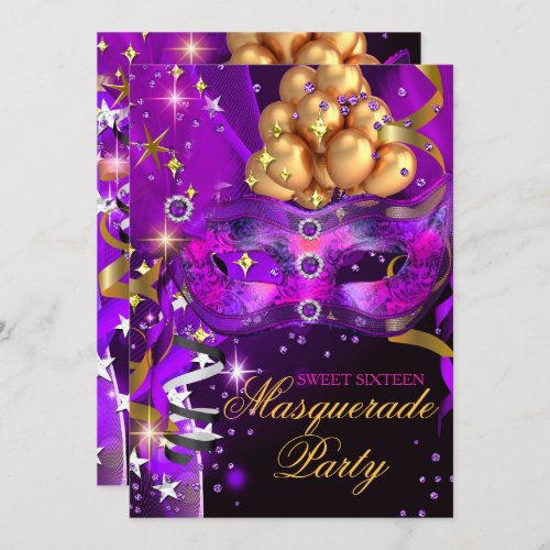 Sweet Sixteen Purple Gold Black Masquerade Party Invitation