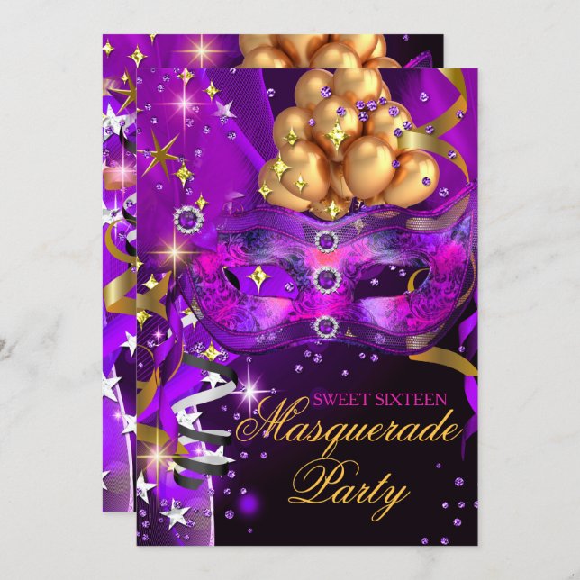 Sweet Sixteen Purple Gold Black Masquerade Party Invitation (Front/Back)