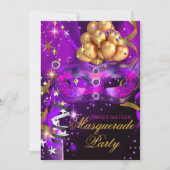 Sweet Sixteen Purple Gold Black Masquerade Party Invitation (Front)