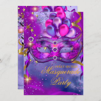 Sweet Sixteen Purple Gold Blue Masquerade Party Invitation