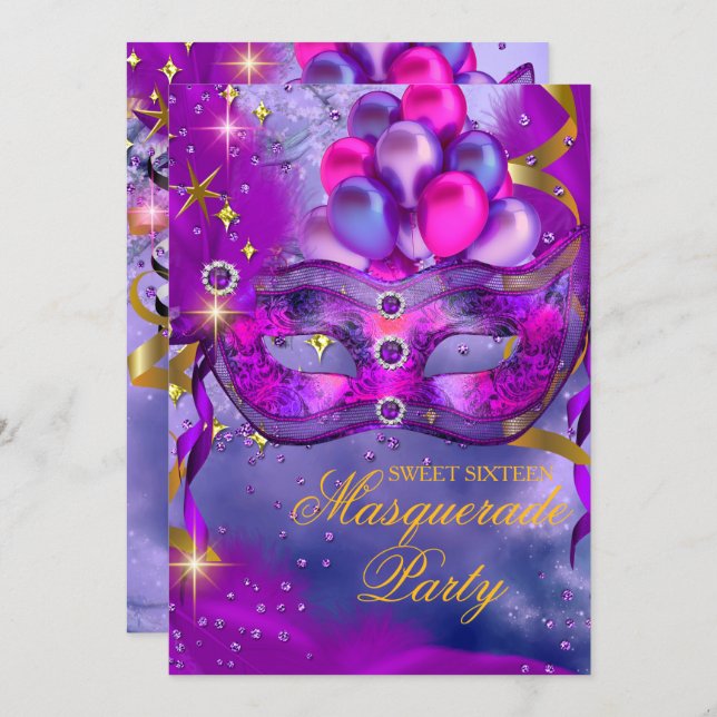 Sweet Sixteen Purple Gold Blue Masquerade Party Invitation (Front/Back)