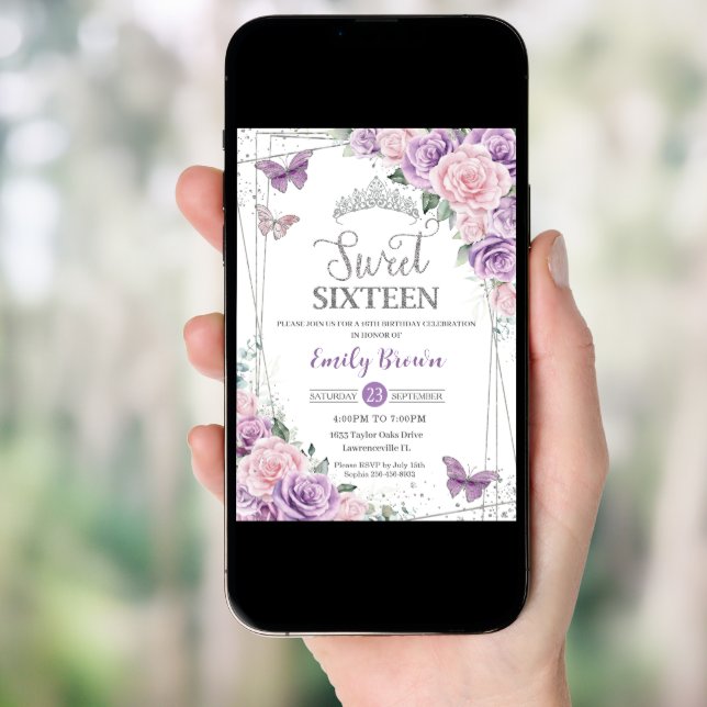 Sweet Sixteen Purple Lilac Pink Floral Butterflies Invitation (Front Digital)