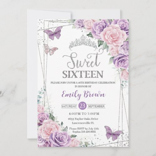 Sweet Sixteen Purple Lilac Pink Floral Butterflies Invitation