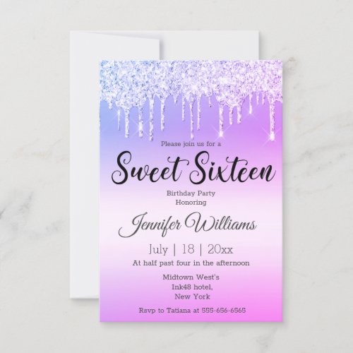 sweet sixteen purple pink dripping glitters invitation