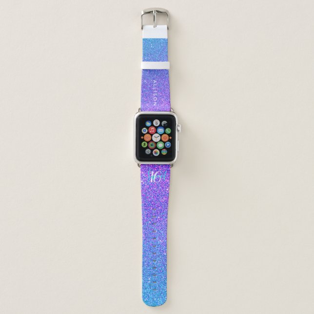 Sweet Sixteen Purple Teal Glitter Personalized Apple Watch Band (Front)