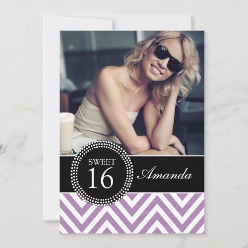 SWEET SIXTEEN PURPLE ZIG ZAG CHEVRON PATTERN CUSTOM ANNOUNCEMENT