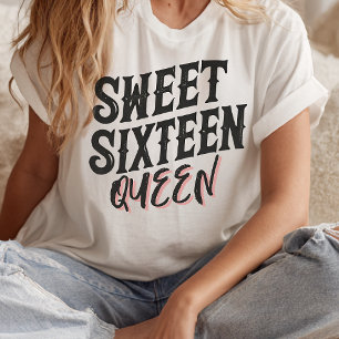 Sweet Sixteen Queen Bold Black & Blush Typography T-Shirt