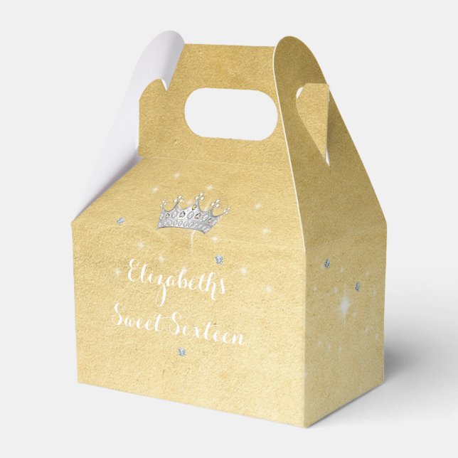 Sweet Sixteen Quinceanera Gold Princess Crown Favor Boxes (Front Side)