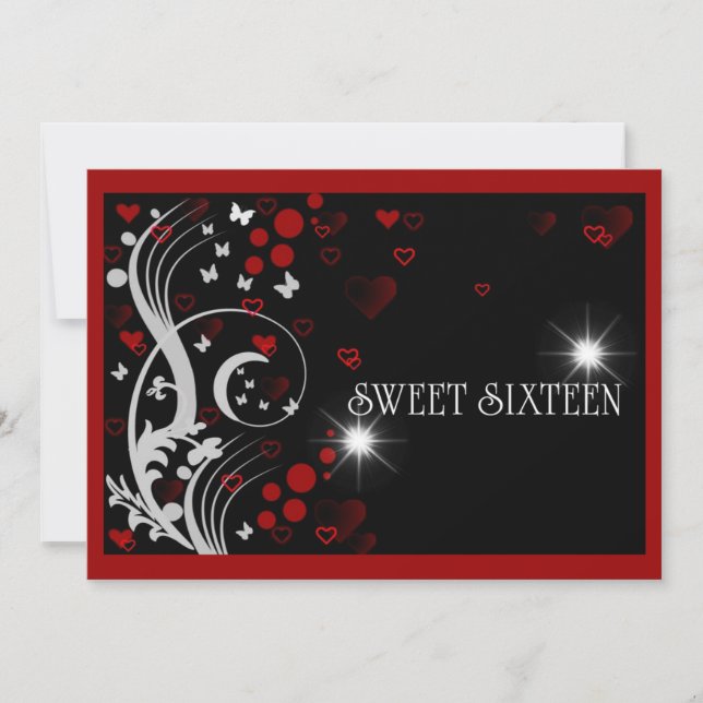 Sweet Sixteen Red Black Sparkle Butterflies Invitation (Front)