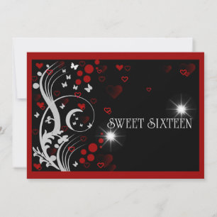 Sweet Sixteen Red Black Sparkle Butterflies Invitation
