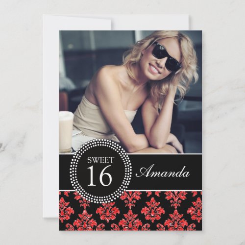 SWEET SIXTEEN, RED GLITTER,  BLACK DAMASK PERSONALIZED ANNOUNCEMENTS