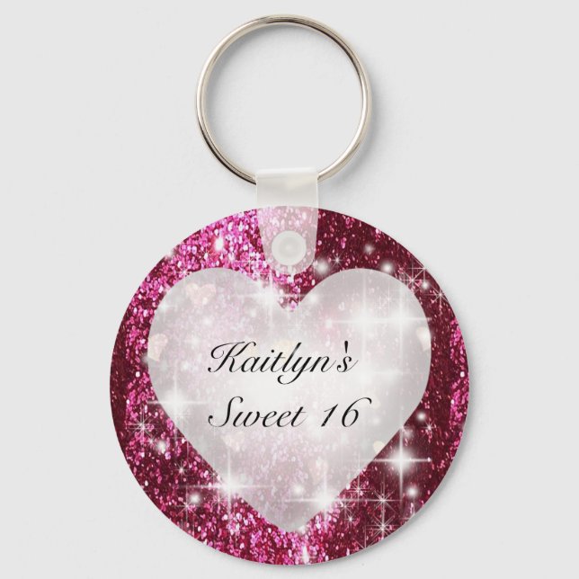 Sweet Sixteen Red Glitter White Heart.   Keychain (Front)
