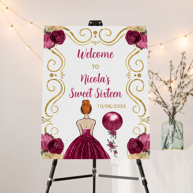 Sweet Sixteen Red Hair Princess Burgundy Welcome Foam Board (In Situ (Stand))