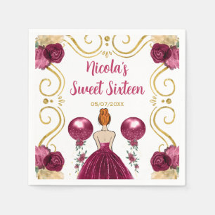 Sweet Sixteen Red Hair Princess in Burgundy Red Napkins