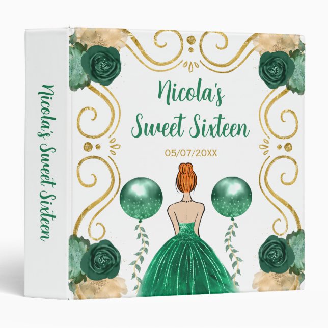 Sweet Sixteen Red Hair Princess in Green 3 Ring Binder (Front/Spine)