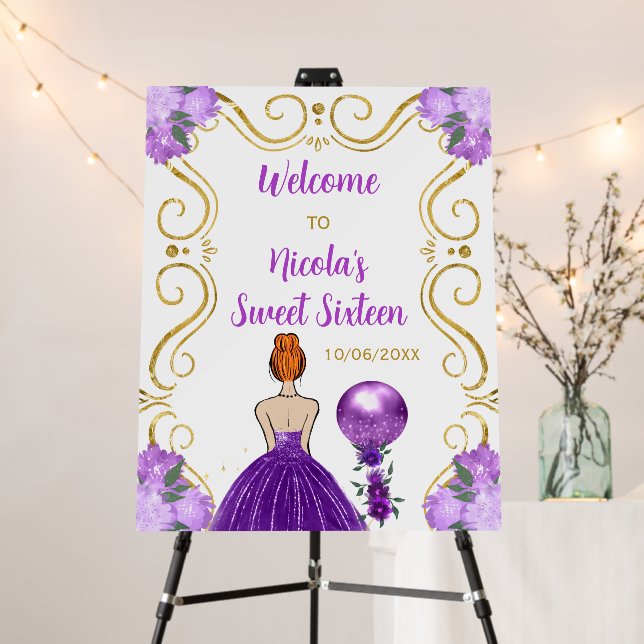 Sweet Sixteen Red Hair Princess Purple Welcome Foam Board (In Situ (Stand))