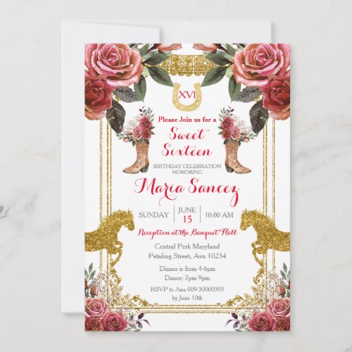 Sweet Sixteen Red Maroon Horse Charra Birthday  Invitation