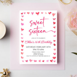 Sweet Sixteen Red Pink Hearts 16th Birthday Party Invitation
