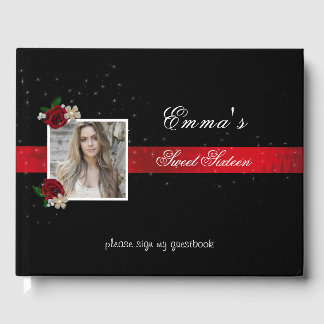 Sweet Sixteen, Red Satin Red Roses Sparkle Photo Guest Book