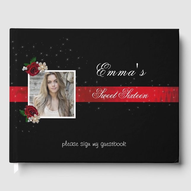 Sweet Sixteen, Red Satin Red Roses Sparkle Photo Guest Book (Front)