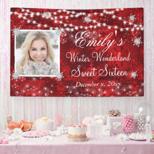 Sweet Sixteen Red White Winter Wonderland Lights Banner