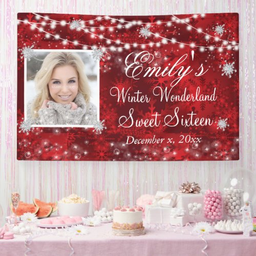 Sweet Sixteen  Red White Winter Wonderland Lights  Banner