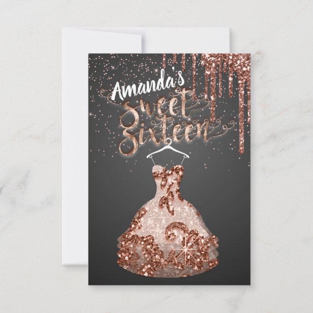 Sweet Sixteen Rose Dress Floral Princess Drip Gray Invitation (Back)