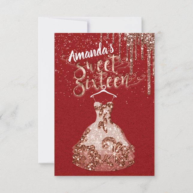 Sweet Sixteen Rose Dress Floral Princess Drip Red  Invitation (Back)