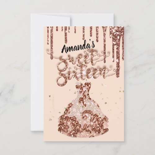 Sweet Sixteen Rose Dress Glitter Drip Black Salmon Invitation