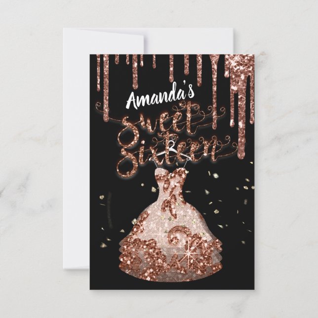 Sweet Sixteen Rose Dress Glitter Drip Black White Invitation (Back)