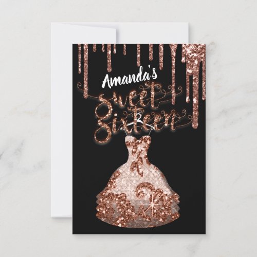 Sweet Sixteen Rose Dress Glitter Drip BlackGlitter Invitation