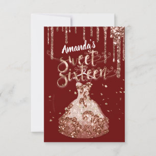 Sweet Sixteen Rose Dress Glitter Drip Burgundy  Invitation
