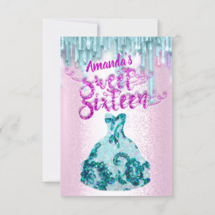 Sweet Sixteen Rose Floral Dress blue Drips Invitation