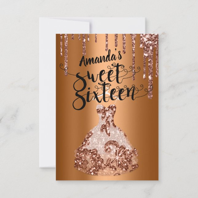 Sweet Sixteen Rose Floral Dress Glitter Drip Bronz Invitation (Back)