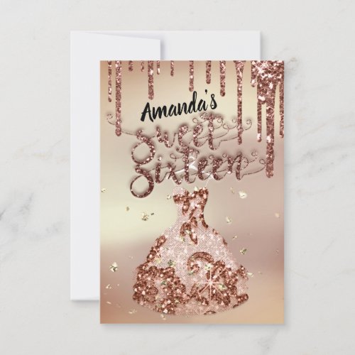 Sweet Sixteen Rose Floral Dress Glitter Drips Glam Invitation